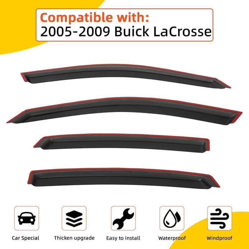 PLDDE Rain Guards Compatible with 2005-2009 Buick Lacrosse Tape-On Side Window Visor Wind Deflector Vent Visors Car Accessories 4pcs - Image 2